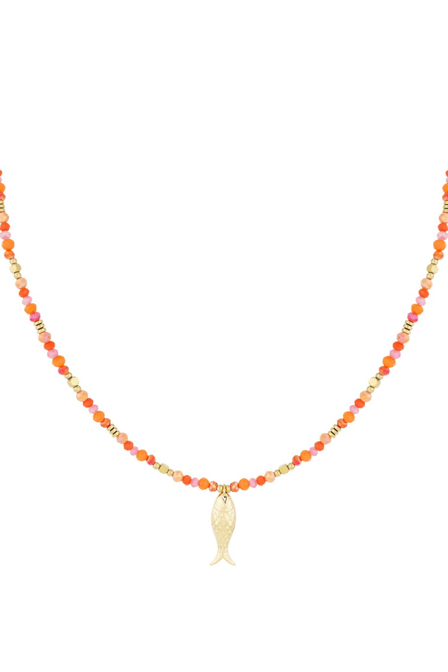 Gold-plated fish charm beaded necklace on white background 