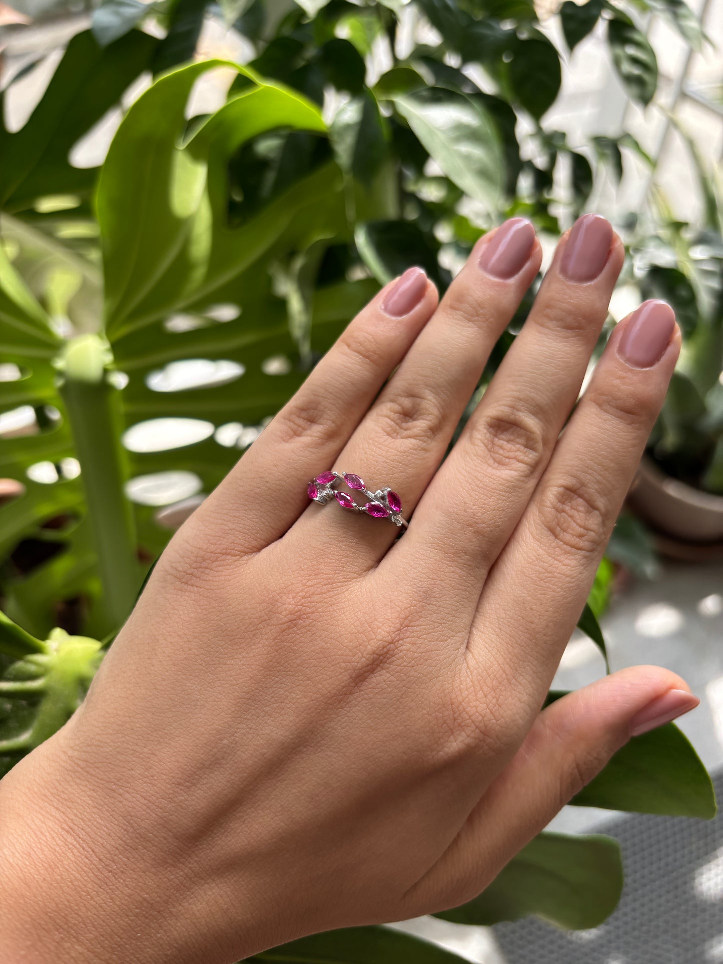 Rosé Vine Ring – Sterling Silver & Ruby Zircon