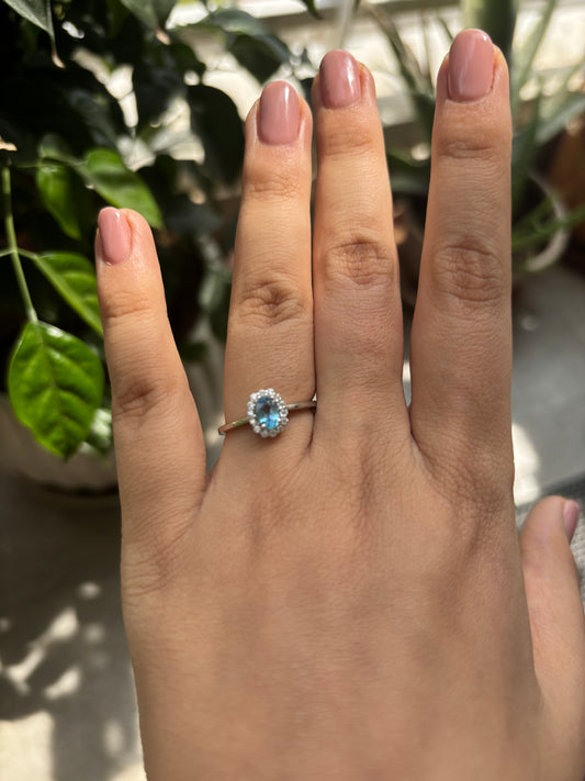 Aqua Halo Ring – Sterling Silver & Blue Topaz